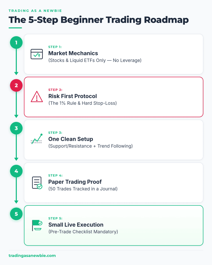 The 5-Step Beginner Trading Roadmap: Market Mechanics, Risk First Protocol, One Clean Setup, Paper Trading Proof, Small Live Execution