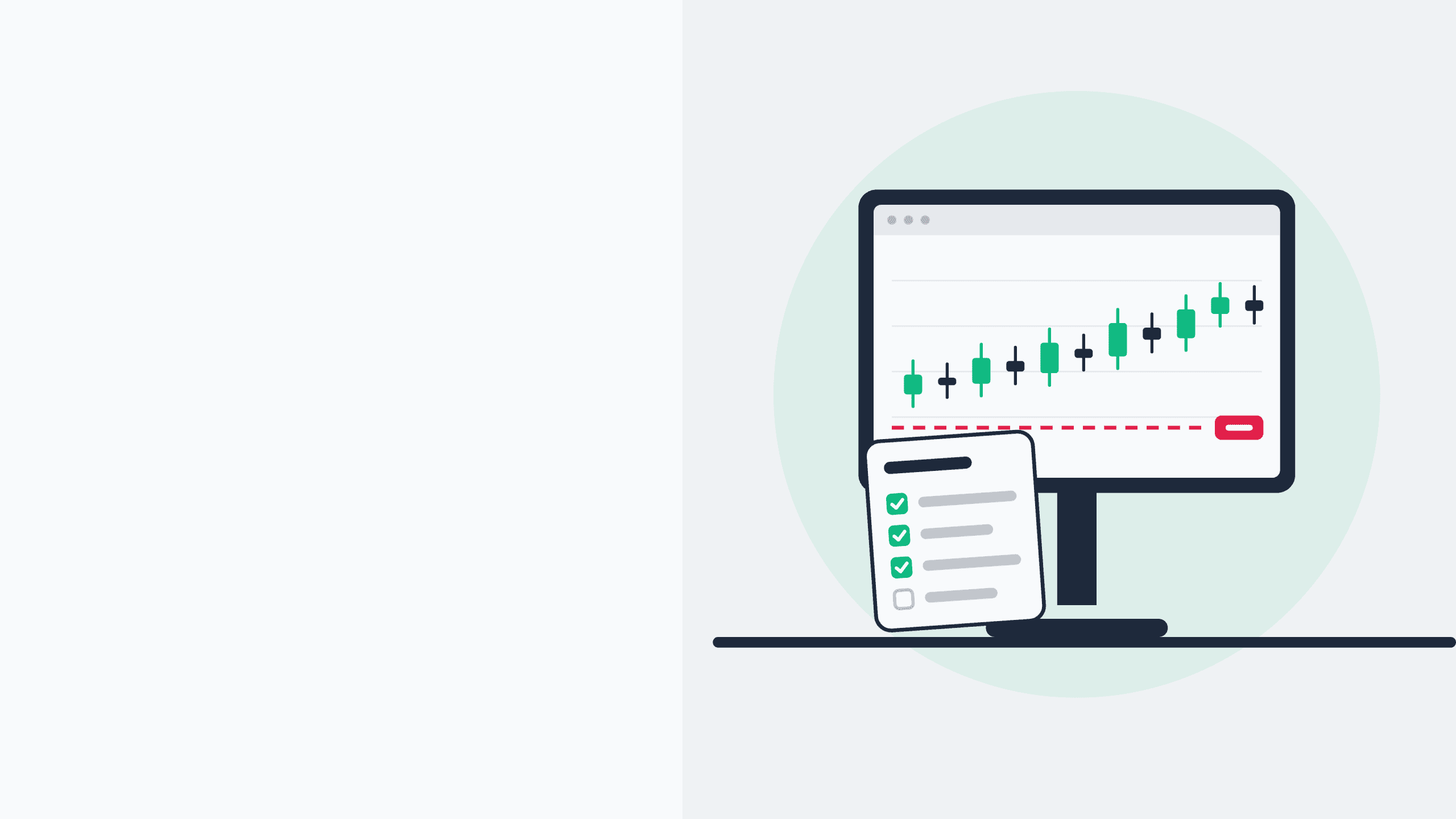 Flat illustration of a computer monitor showing a stylized candlestick chart with a dashed red stop-loss line, with a checklist card in front of it, on a light background.